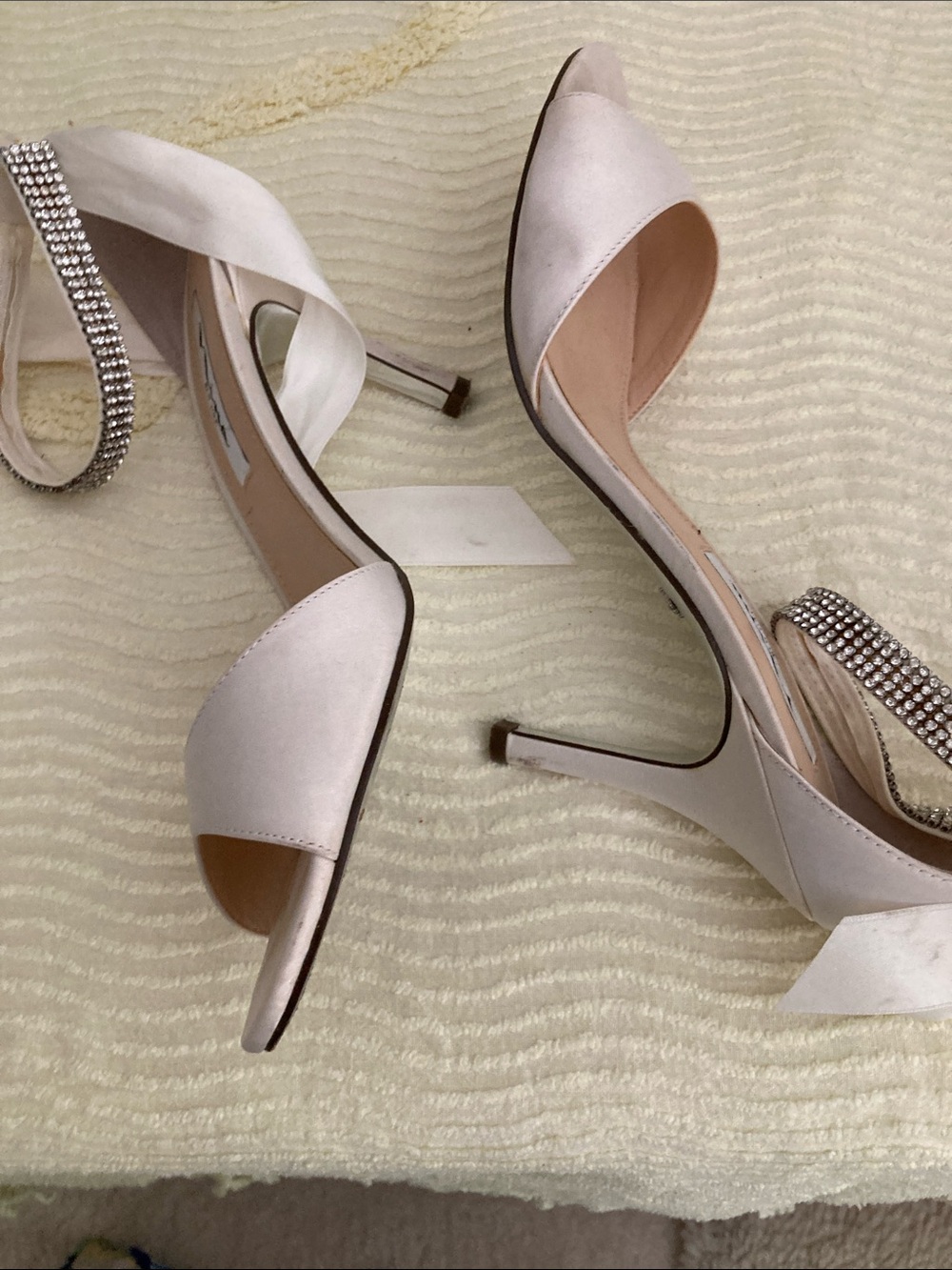Nina White Satin Open-Toe Ankle Tie Heels with Rhinestone Strap - Picture 4 of 5